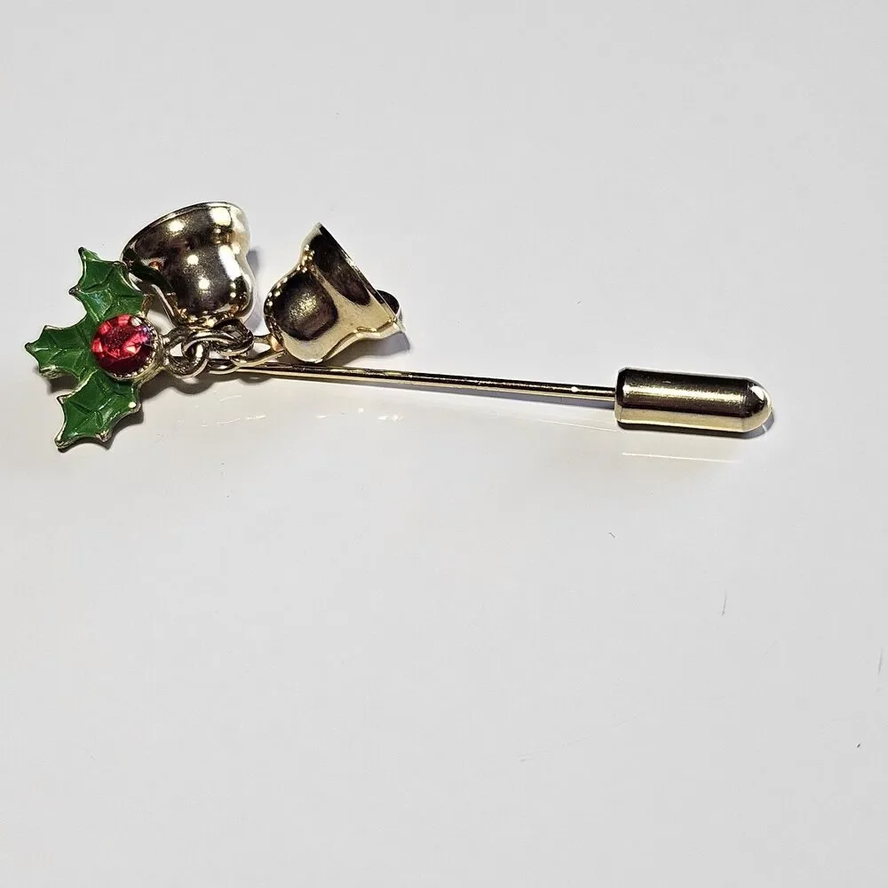 Vintage Christmas Stick Pin Red Rhinestone Green Holly Leaves Gold Tone Bells